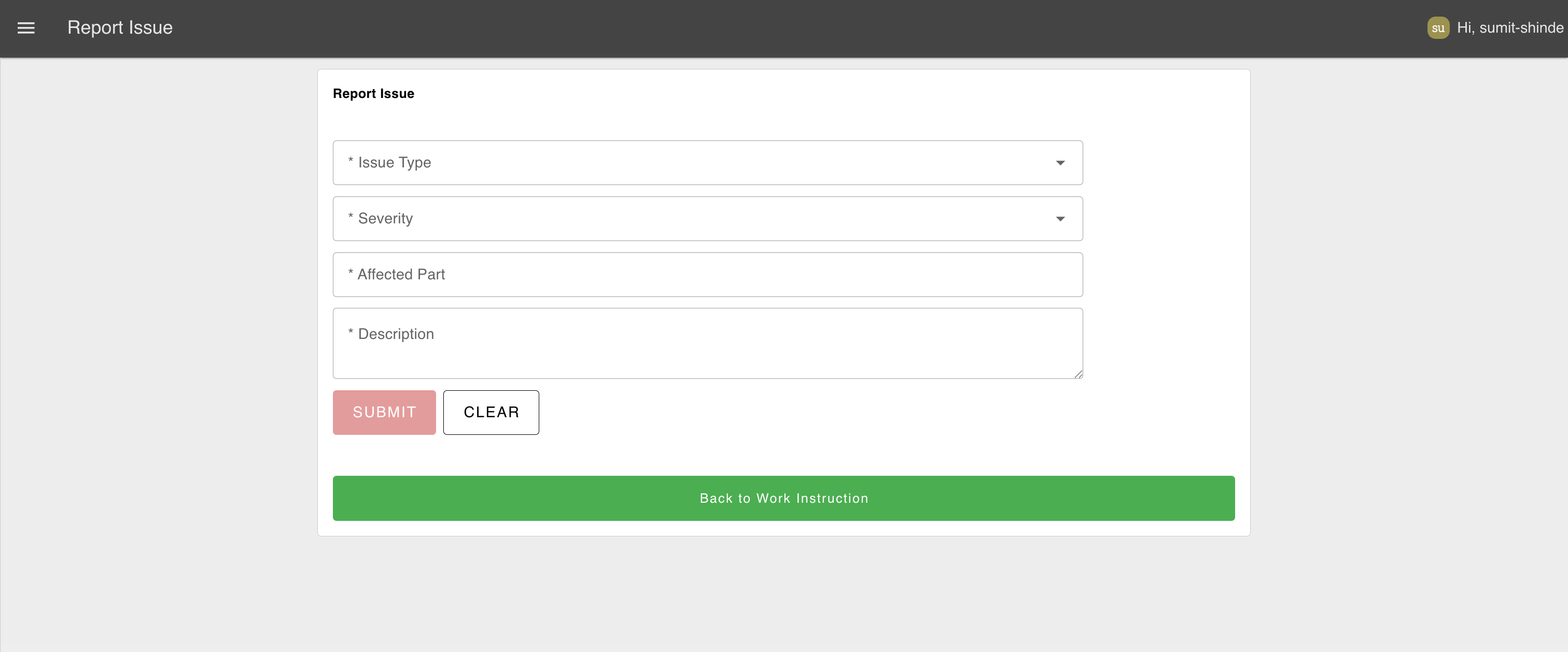 Screenshot: Completed Report Issue page showing the defect reporting form and Back to Work Instructions button